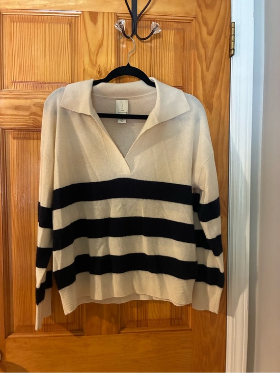 Joie Sweaters - Joie Cashmere Cream & Black Striped V-Neck Polo Sweater